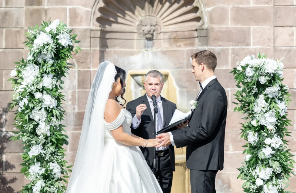 Ben and Aryana during their outdoor wedding ceremony at Tyler Gardens in Newtown, Pennsylvania