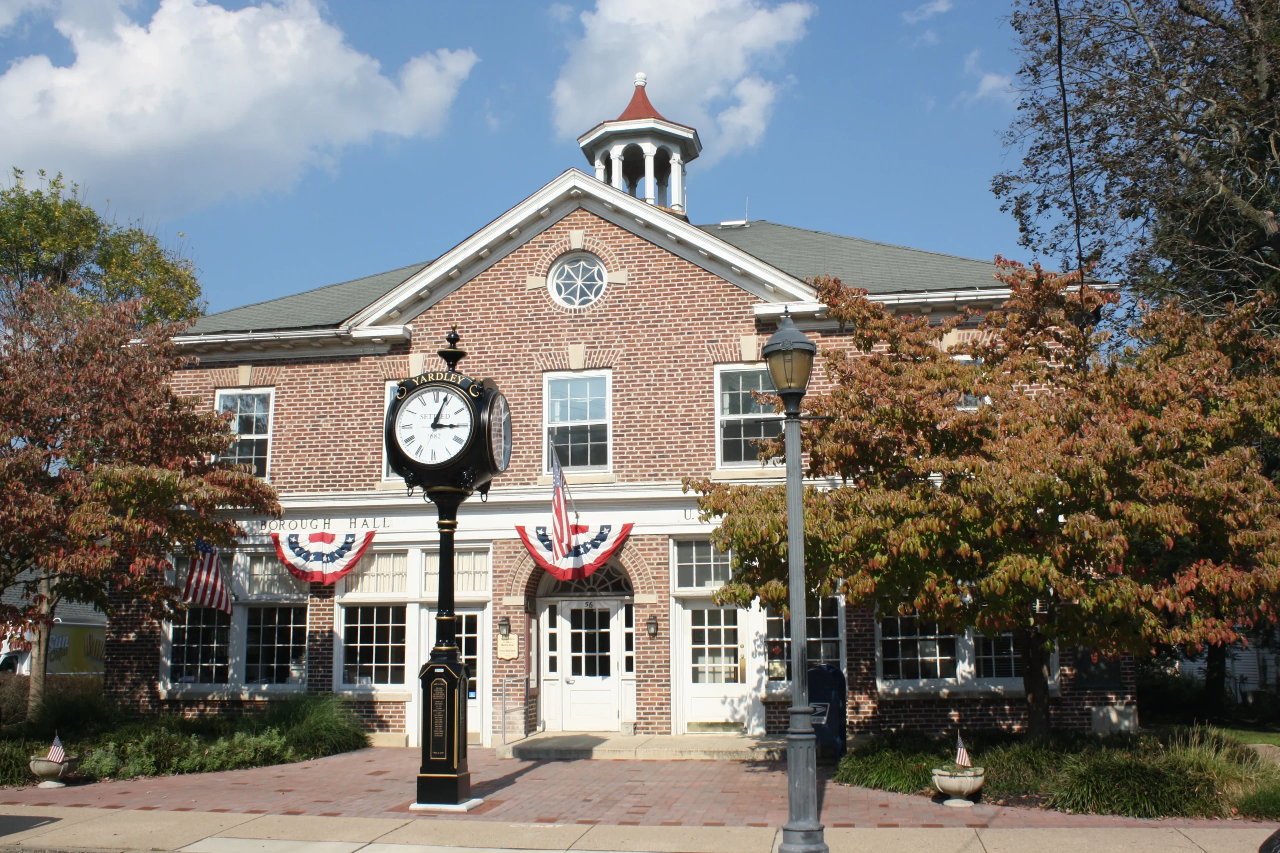 Yardley Borough Hall and street clock in Lower Bucks County, Pennsylvania